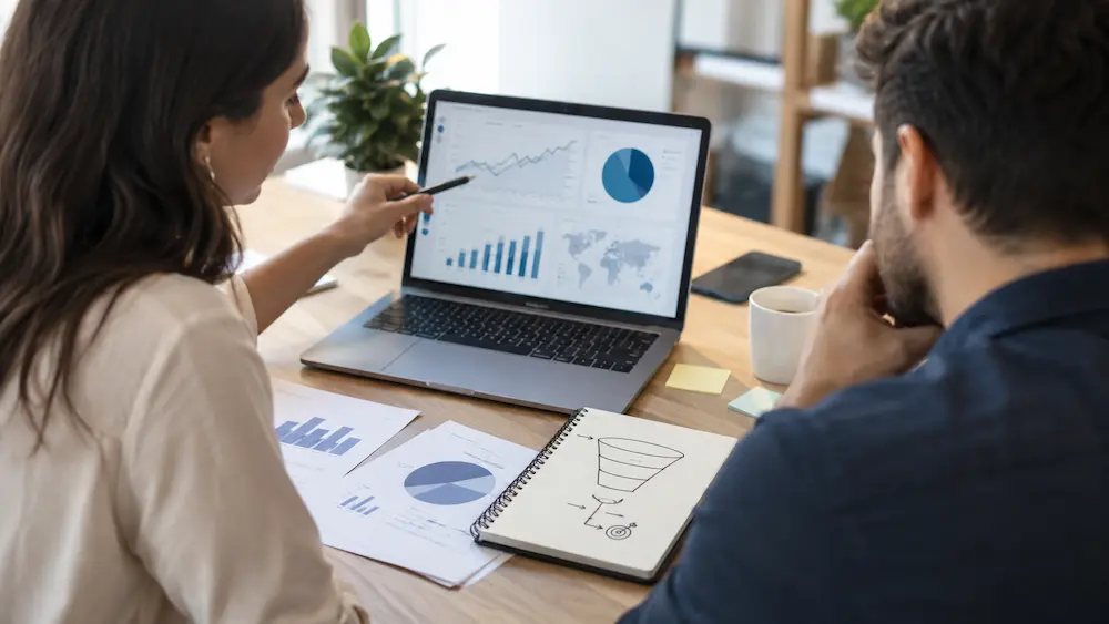 Consultores analizando datos para elegir una estrategia de marketing digital
